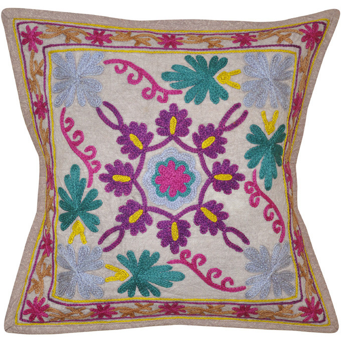 Indian Cotton Floral Cushion Covers Pair Embroidered Pattern Beige Pillowcases