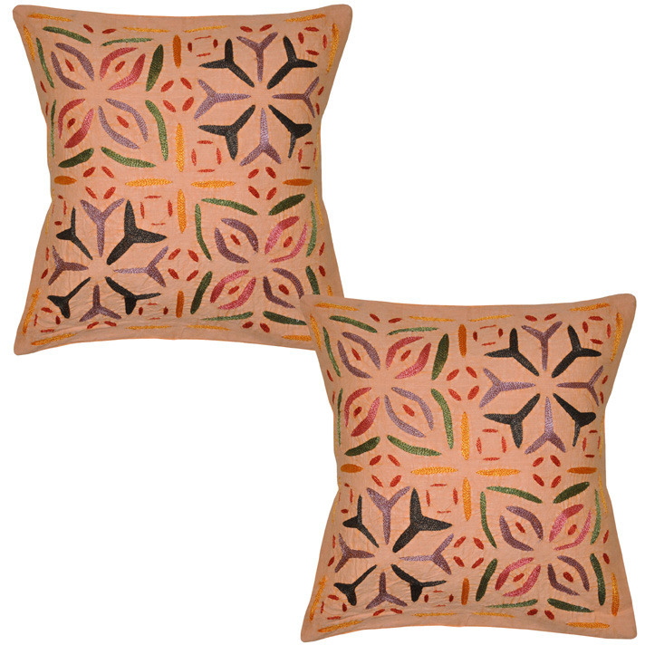 Home Decor Cotton Pillow Covers Set Embroidered Peach Decorative Cushion Covers