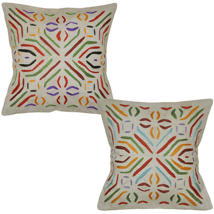 Indian Embroidered Cushion Covers Set Floral Design Beige Sofa Pillow Cases 40 Cm