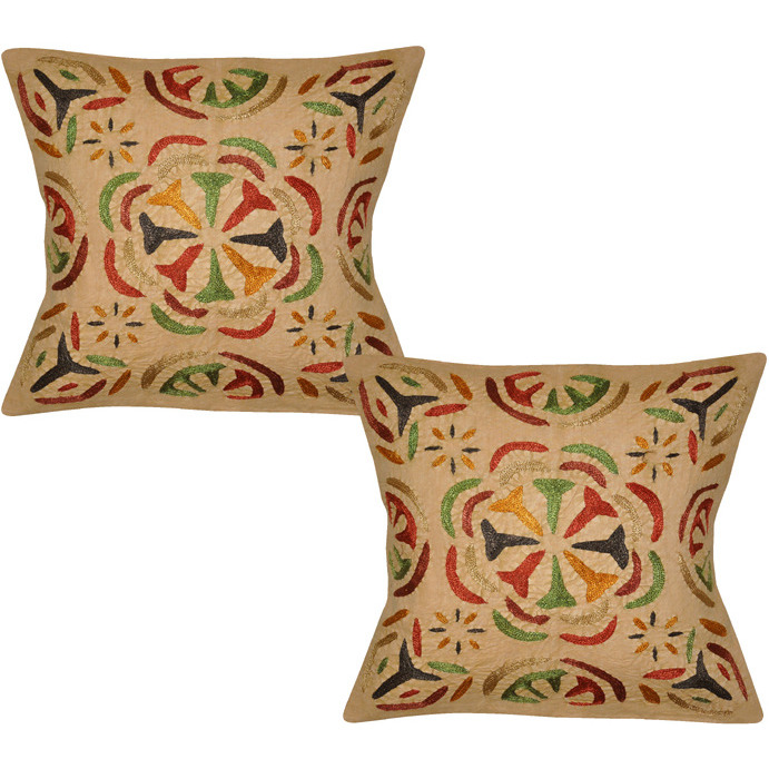 40 Cm Indian Cotton Pillow Cases Floral Embroidered Beige Retro Cushion Cover 2 Pc