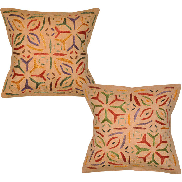 Indian Cotton Cushion Covers Pair Floral Embroidered Retro Orange Pillowcase 16 Inch