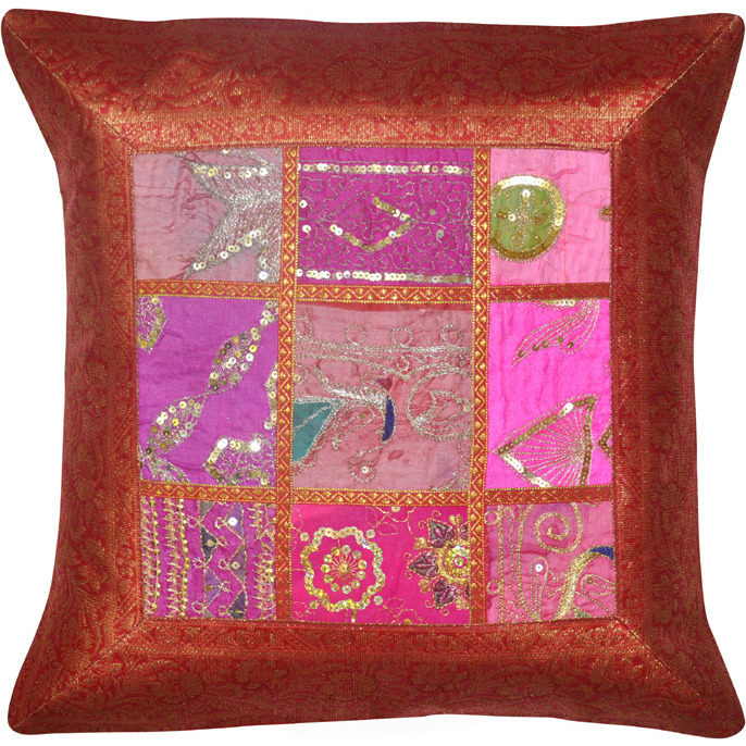 Ethnic Silk Pillow Cases Set Brocade Sequence Embroidered Orange Cushion Covers