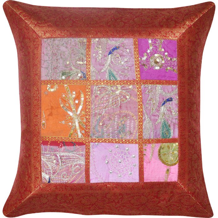 Ethnic Silk Pillow Cases Set Brocade Sequence Embroidered Orange Cushion Covers