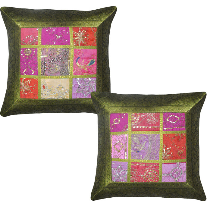 17 Inch 43 Cm Green Silk Cushion Covers Pair Embroidered Indian Pillow Cases Square