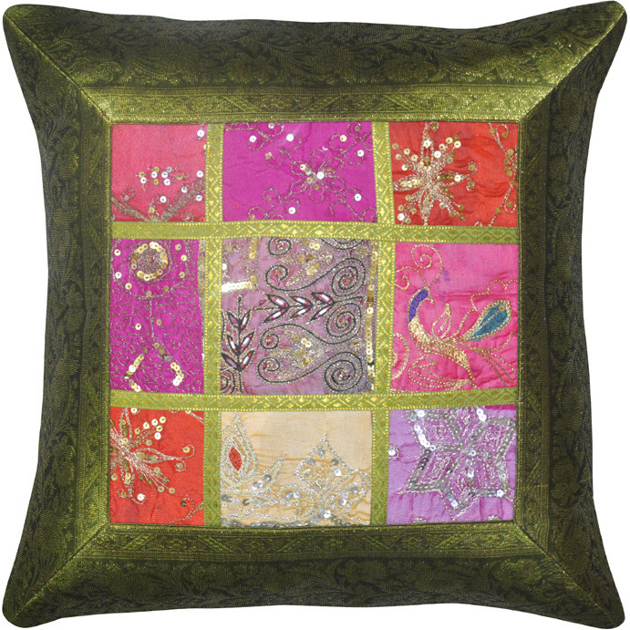 17 Inch 43 Cm Green Silk Cushion Covers Pair Embroidered Indian Pillow Cases Square