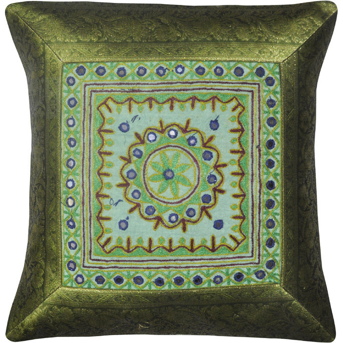 Vintage Retro Cushion Covers Pair Mirror Brocade Green Silk Retro Pillowcase 17 Inch