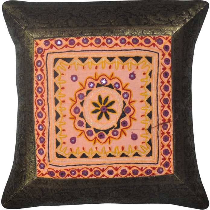 Indian Cotton Cushion Covers Brown Mirror Brocade Square Pillow Covers Pair 43 Cm