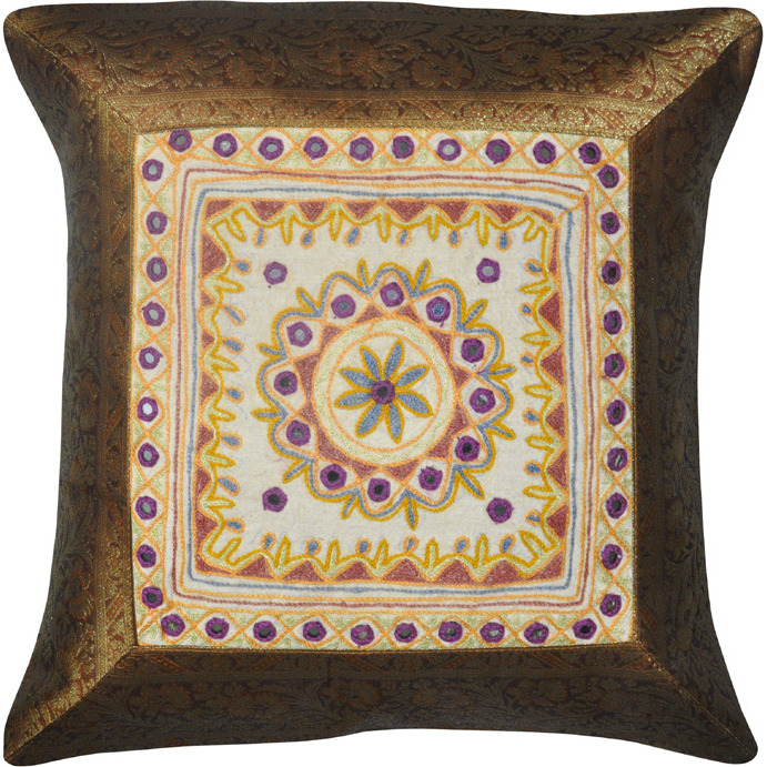 Indian Cotton Cushion Covers Pair Mirror Embroidered Brown Square Pillowcase 17 Inch