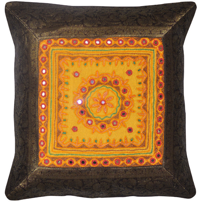 Ethnic Mirror Cushion Covers Silk Brown Brocade Sofa Square Pillow Cases 17 Inch 2 Pc