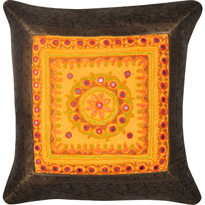 Ethnic Mirror Cushion Covers Silk Brown Brocade Sofa Square Pillow Cases 17 Inch 2 Pc