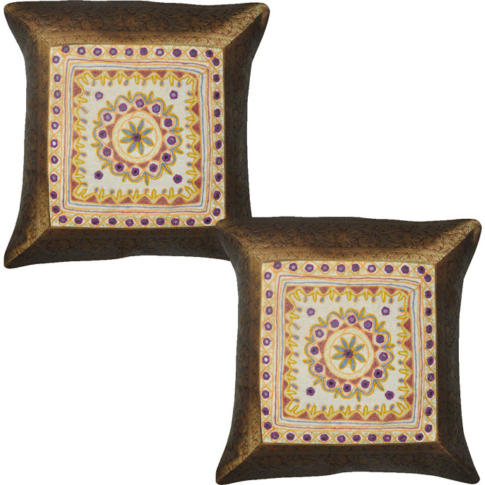 Indian Silk Cushion Covers Pair Brocade Mirror Brown Square Pillow Cases 43X43 Cm