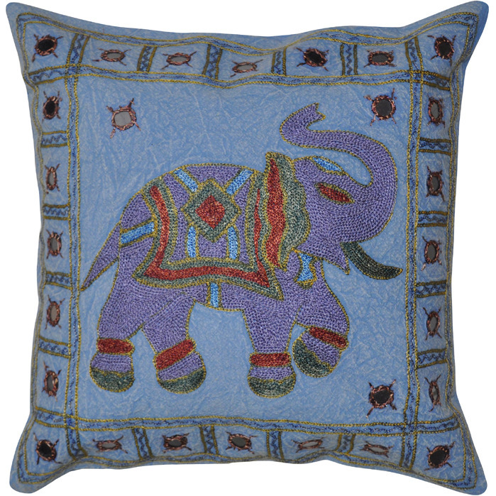 Indian Cotton Cushion Covers Pair Elephant Embroidered Blue Pillow Case 40 Cm 16 Inch