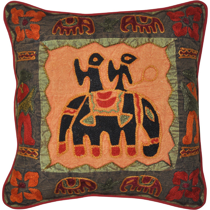 Indian Cotton Cushion Covers Pair Suzani Embroidered Patchwork Elephant Pillows