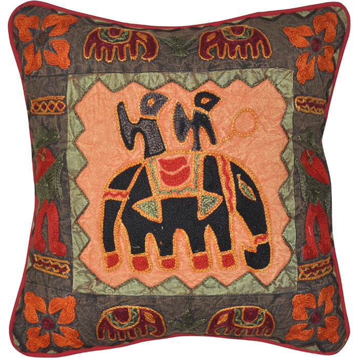 Indian Cotton Cushion Covers Pair Suzani Embroidered Patchwork Elephant Pillows