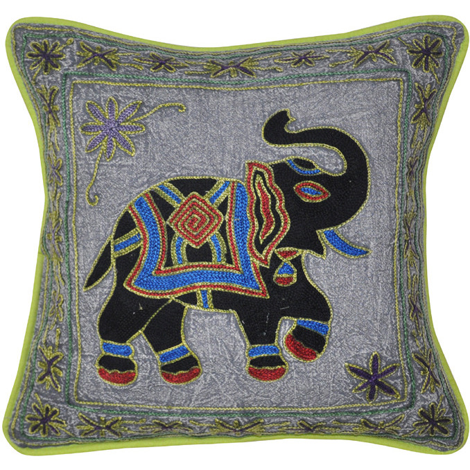 Indian Cotton Cushion Covers Embroidered Elephant Grey Square Pillow Cases 43 Cm