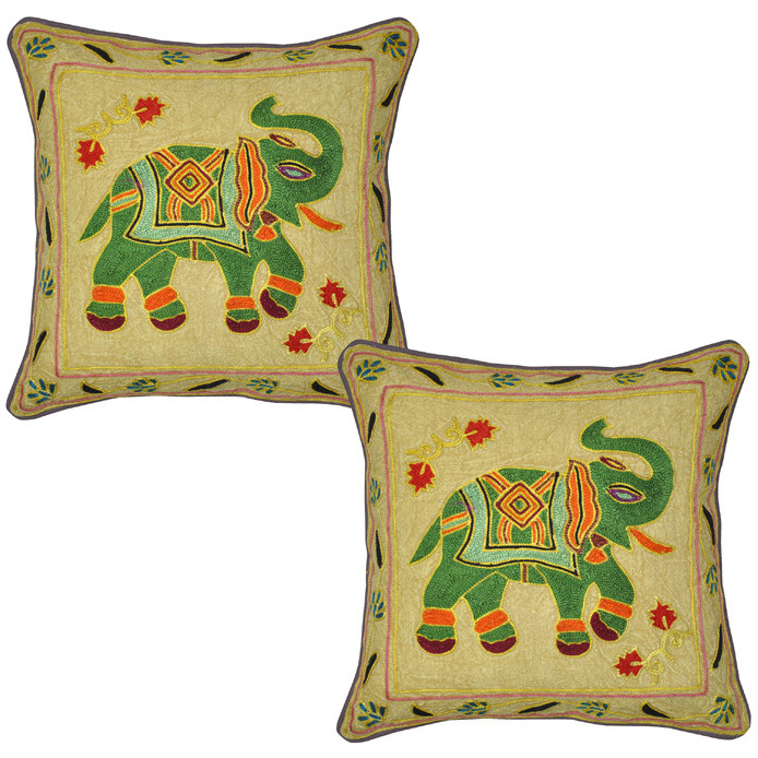Indian Elephant Cushion Covers Pair Suzani Embroidered Green Cotton Pillowcases