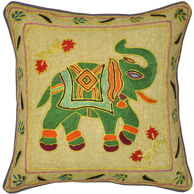 Indian Elephant Cushion Covers Pair Suzani Embroidered Green Cotton Pillowcases