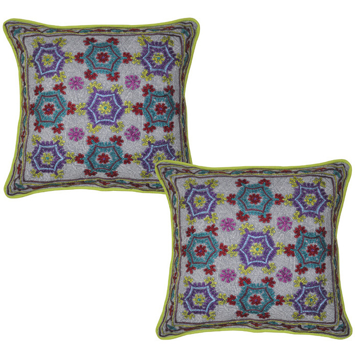 43 Cm Indian Cotton Cushion Covers Pair Suzani Embroidered Square Pillowcases 2 Pc
