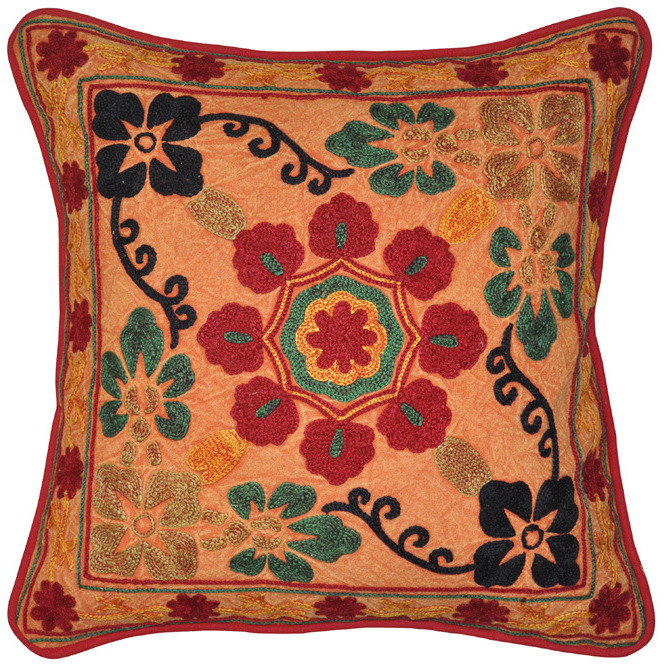 Indian Cotton Pillow Cases Floral Embroidered Orange Retro Cushion Covers 43 Cm