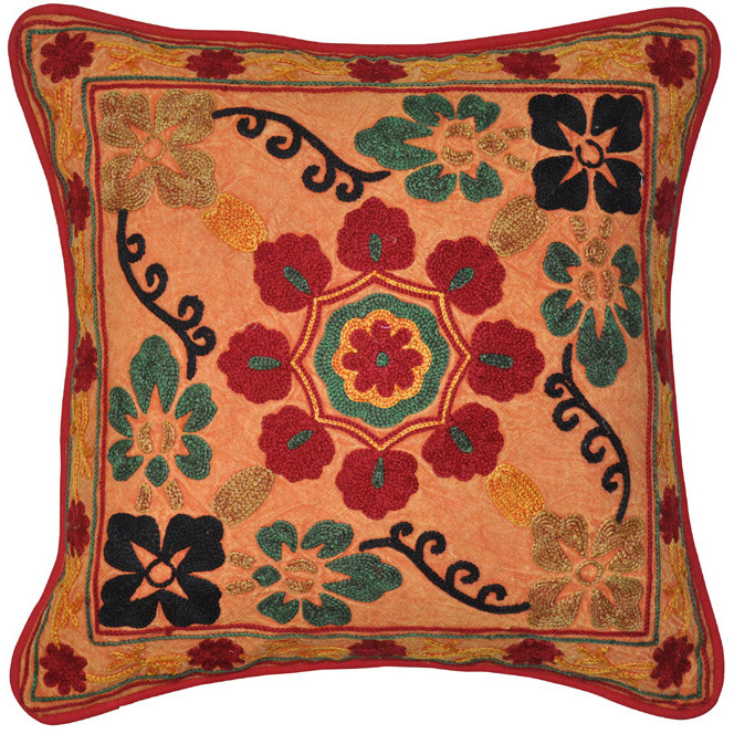 Indian Cotton Pillow Cases Floral Embroidered Orange Retro Cushion Covers 43 Cm