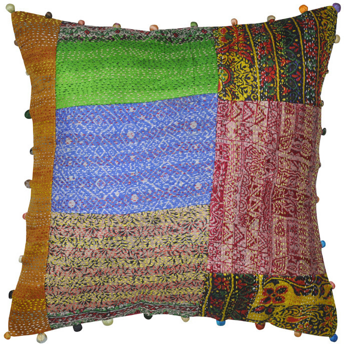 Indian Patchwork Cushion Covers Pair Embroidered Raw Silk Sofa Pillow Cases 40 Cm