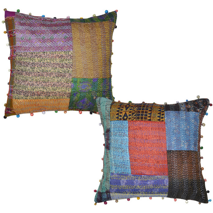 Indian Raw Silk Cushion Covers Set Of 2 Pc Old Dress Patchwork Pillowcases 40 Cm