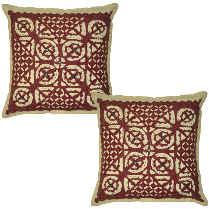 Ethnic Cut Work Cushion Covers Pair Cut Designer Cotton Beige Pillow Cases 40 Cm