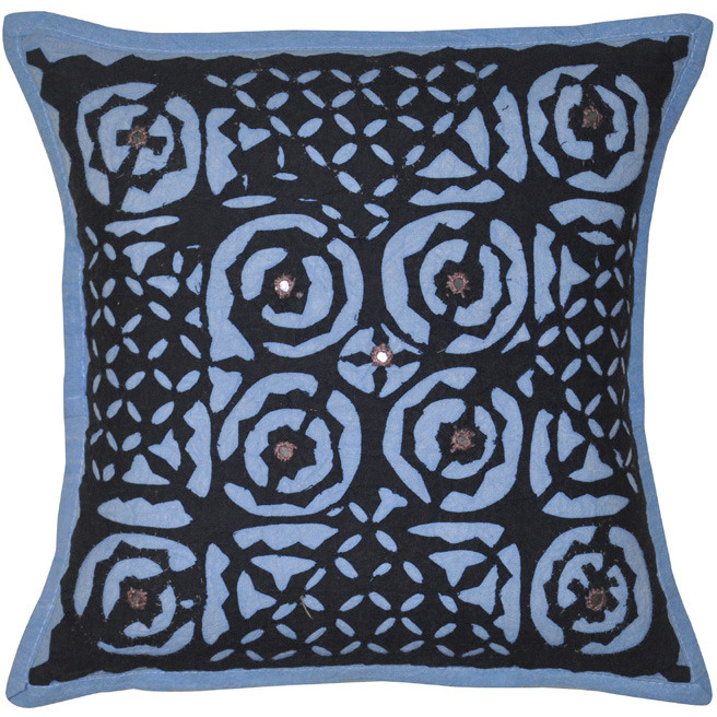 Indian Cut Work Cushion Covers Mirror Designer Blue Cotton Pillowcases Pair 40 Cm