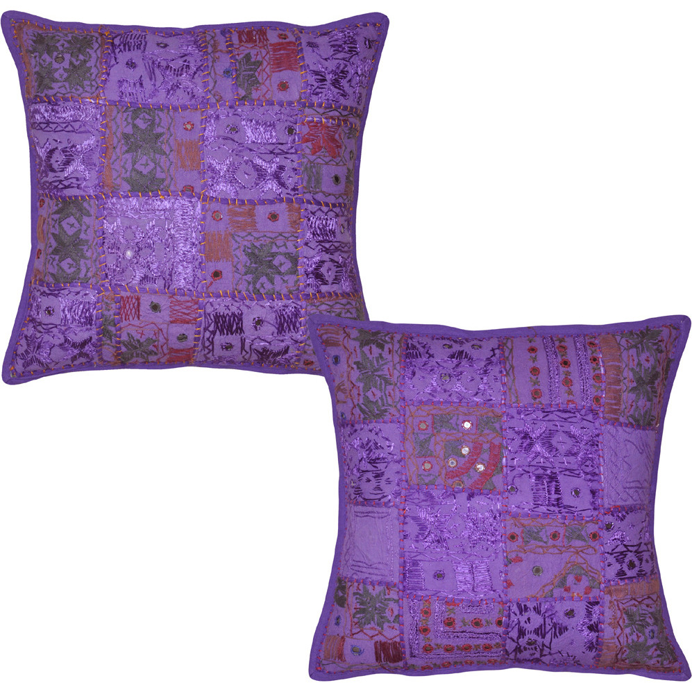 Indian Patchwork Cushion Covers Pair Embroidered Bohemian Cotton Pillowcases 16 Inch
