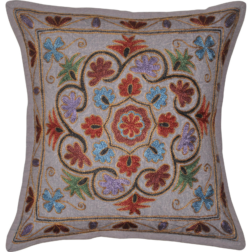 Indian Cotton Cushion Covers Pair Floral Embroidered Brown Square Pillowcase 16 Inch