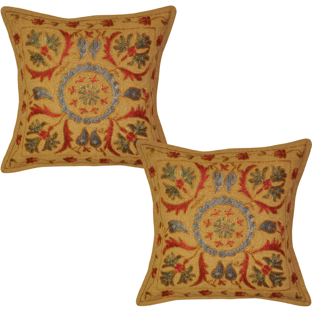 Indian Cotton Cushion Covers Pair Brown Floral Embroidered Retro Pillowcases 16 Inch