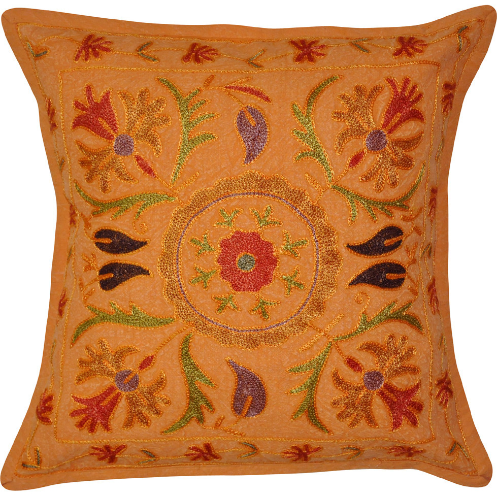 Vintage Retro Cushion Covers Set Of 2 Pc Floral Embroidered Orange Pillowcases
