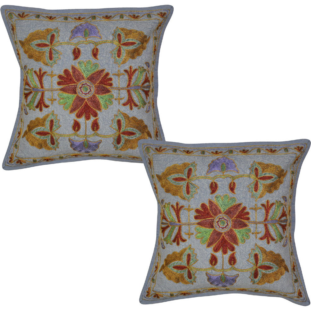 Vintage Cotton Cushion Covers Pair Floral Embroidered Blue Pillow Case Throw 16 Inch