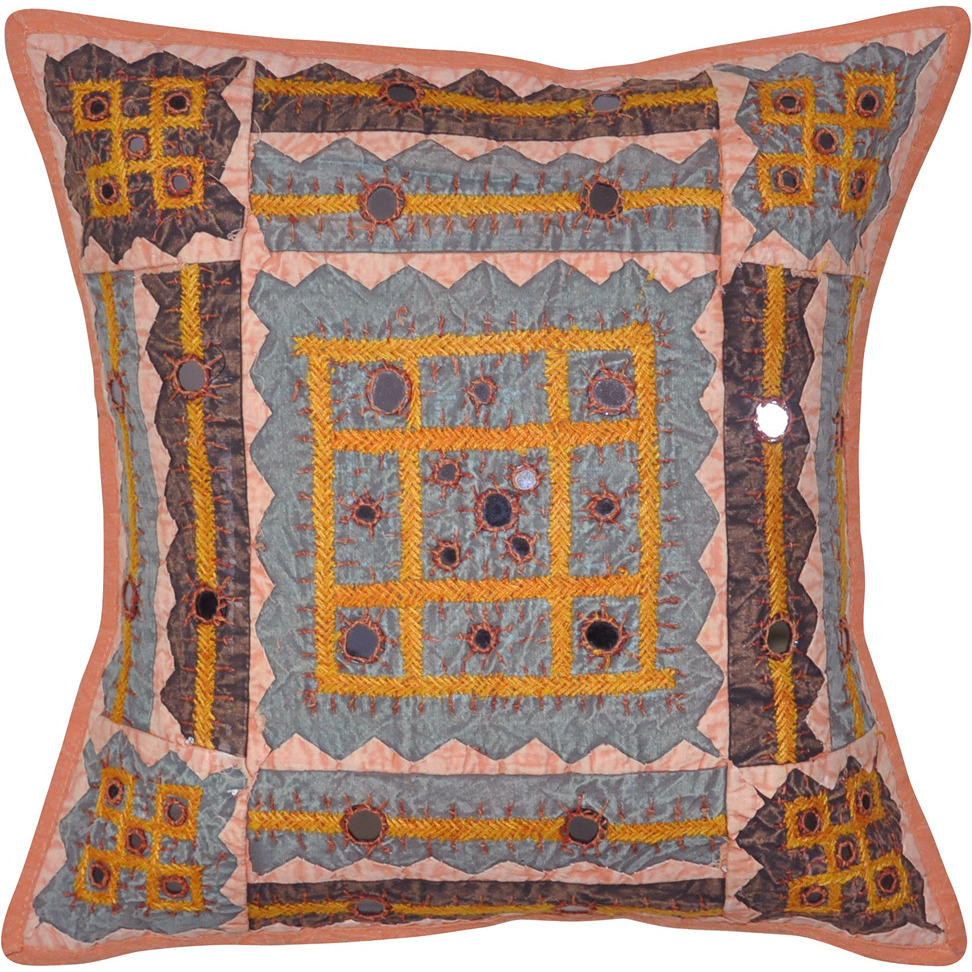 Indian Patchwork Cushion Covers Pair Embroidered Mirror Peach Cotton Pillowcases