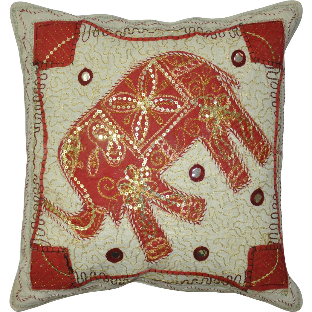 White Cotton Cushion Covers Pair Elephant Sequin Embroidered Pillow Cases Throw