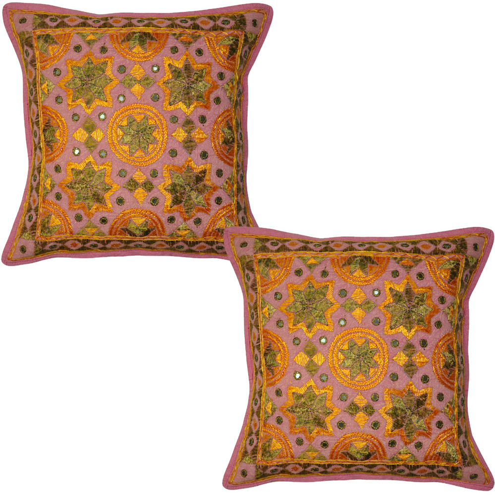 Indian Cotton Cushion Covers Pair Embroidered Mirror Pink Pillowcases Throw 40 Cm