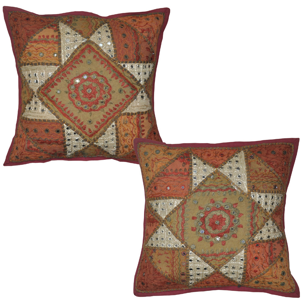40 Cm Indian Cotton Cushion Covers Set Of 2 Pc Retro Patchwork Mirror Pillowcases