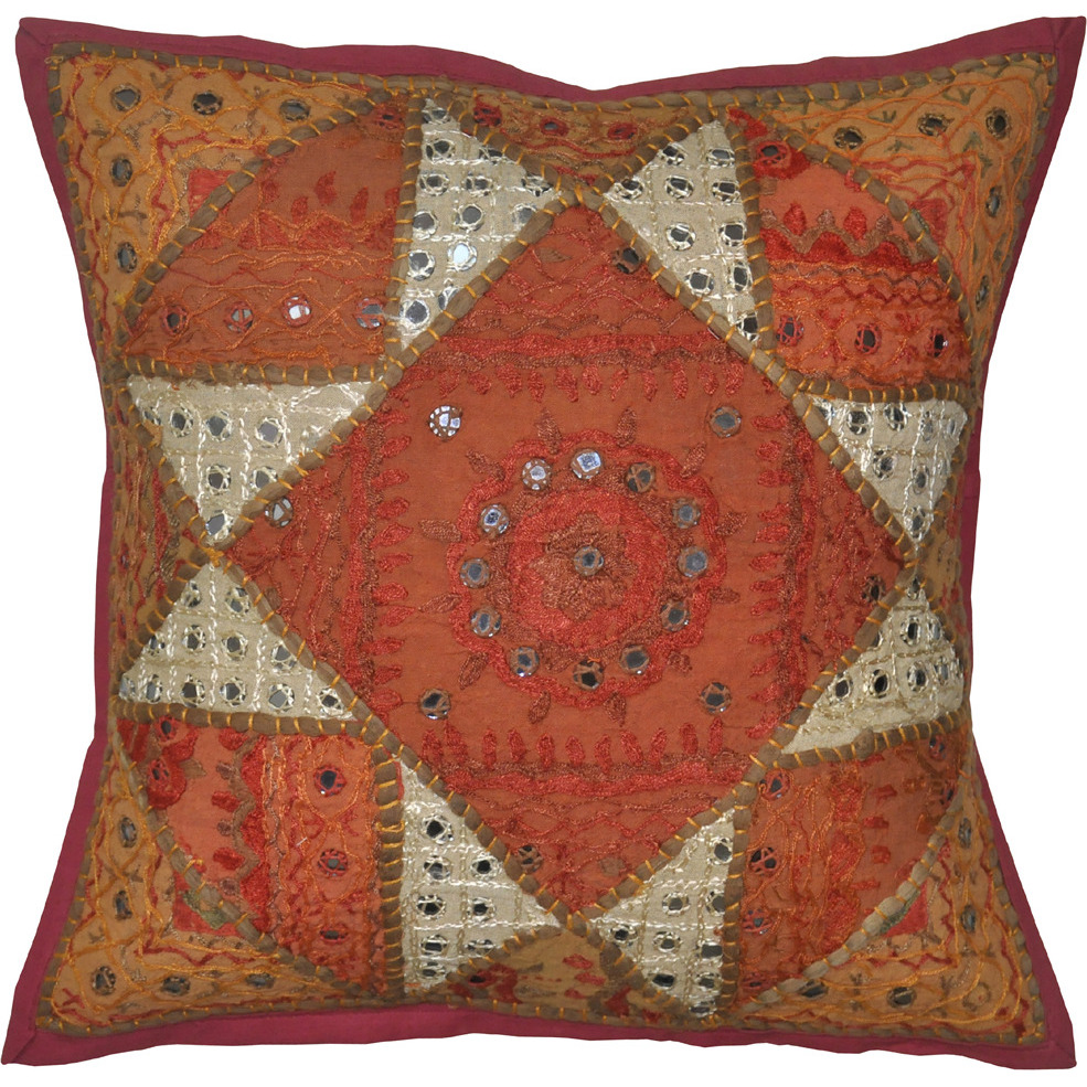 Ethnic Mirror Cushion Covers Pair Embroidered Patchwork Square Sofa Pillowcases