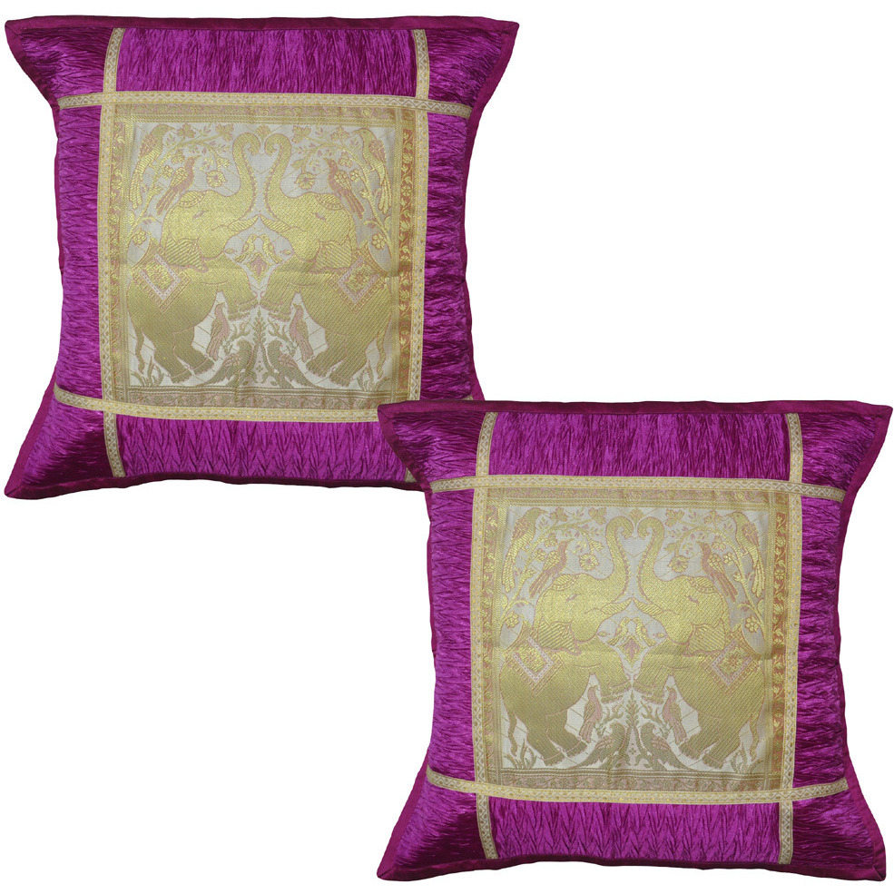 16 Inch 40 Cm Indian Cotton Cushion Covers Pair Elephant Brocade Pink Pillow Covers