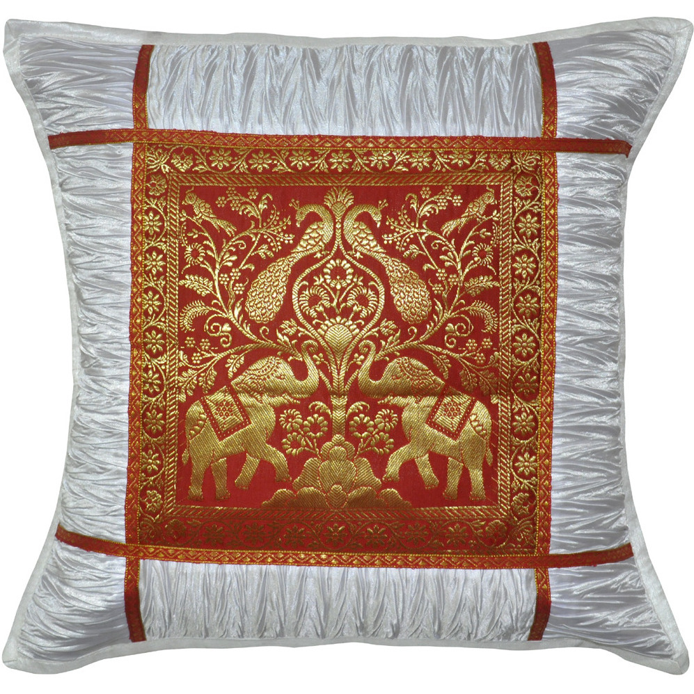 Elephant Cushion Covers Brocade Traditional White Silk Pillow Cases Throw 16X16 Inch