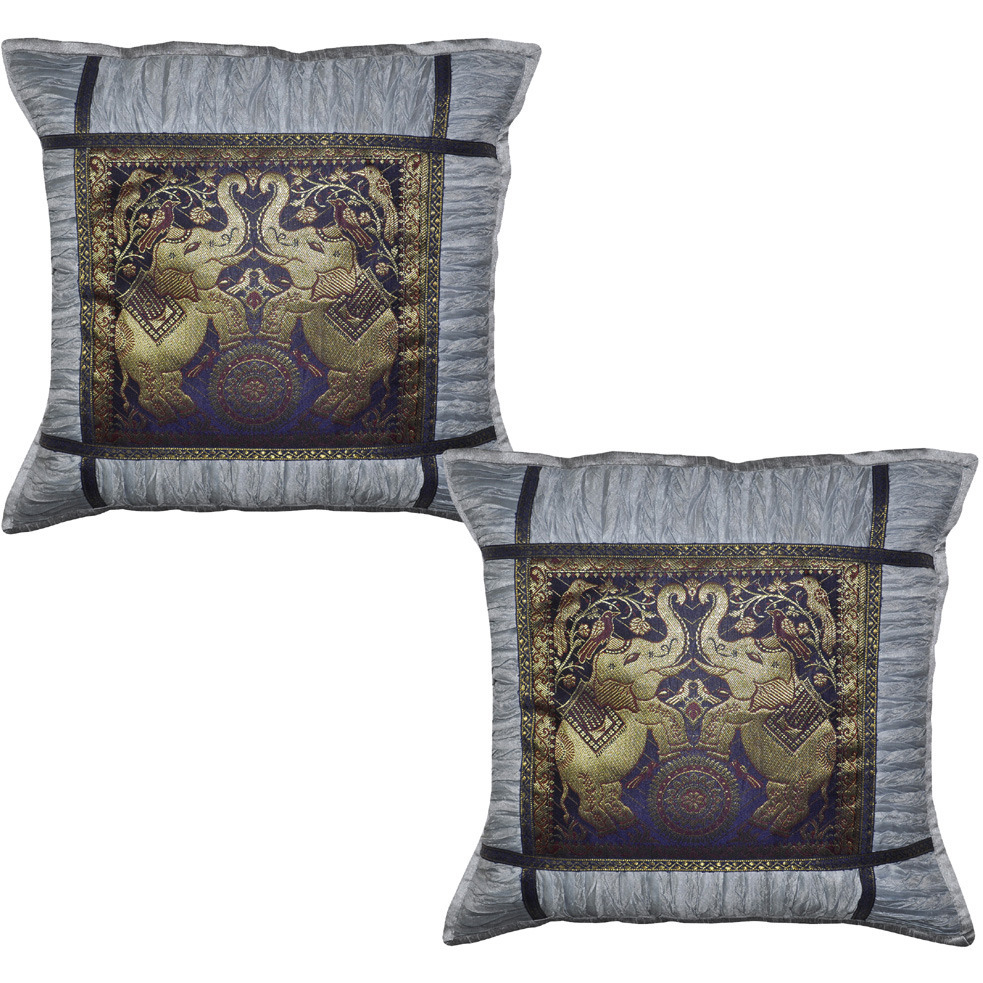 Indian Silk Pillow Case Elephant Brocade Work Gray Cushion Cover Pair Throw 16 Inch