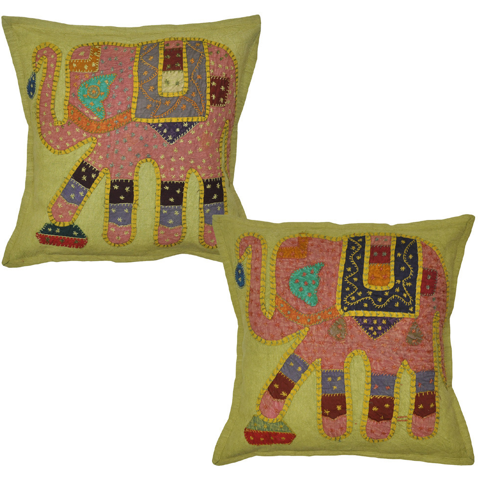 Indian Cotton Cushion Covers 2 Pc Patchwork Green Patchwork Bedding Pillowcases