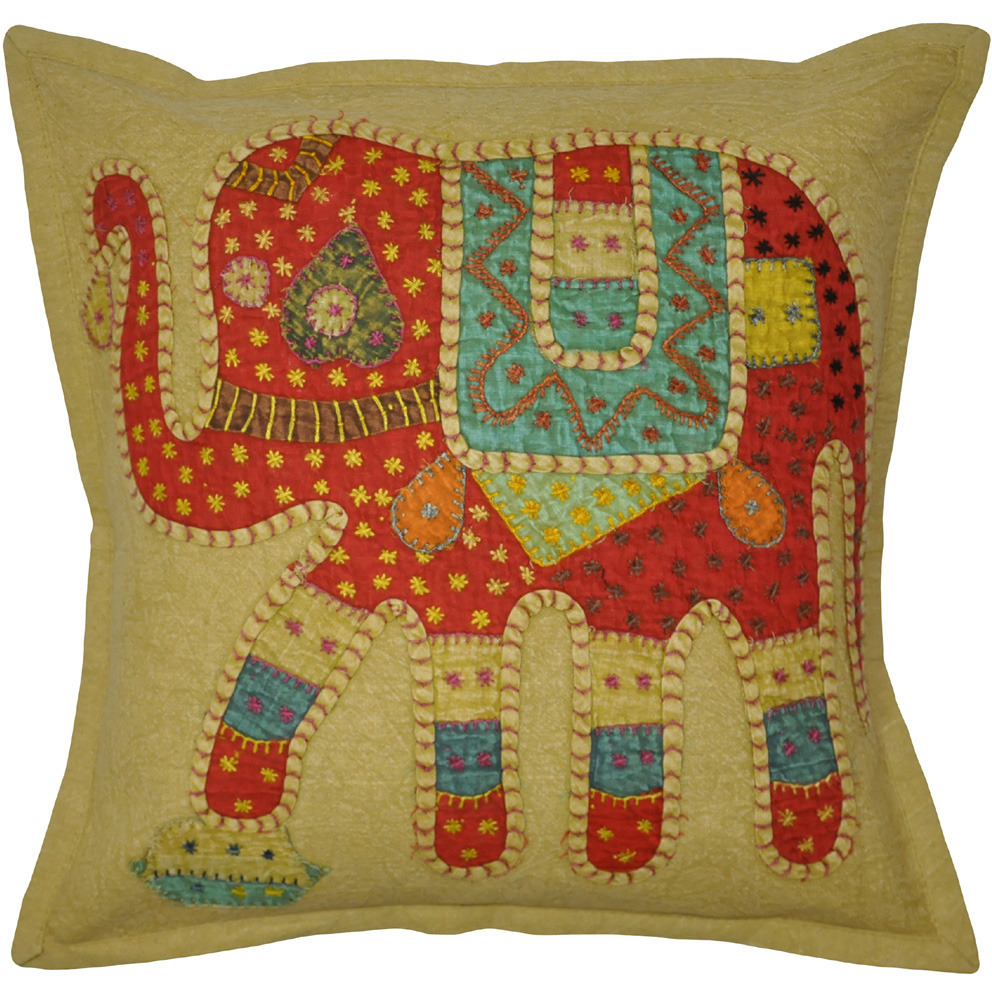 Ethnic Cotton Cushion Covers Set Of 2 Pc Elephant Patchwork Green Pillowcases 16 Inch