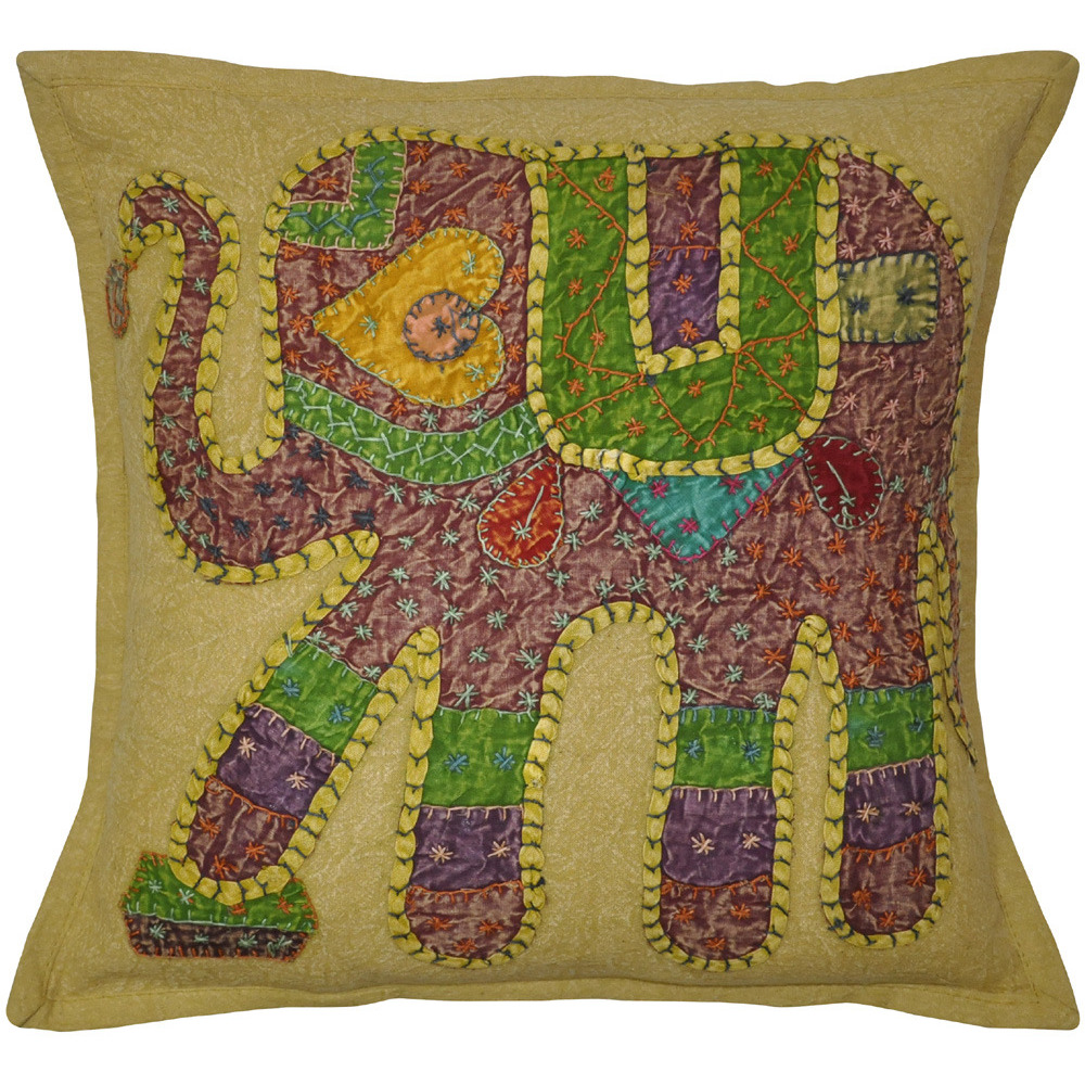 Ethnic Cotton Cushion Covers Set Of 2 Pc Elephant Patchwork Green Pillowcases 16 Inch
