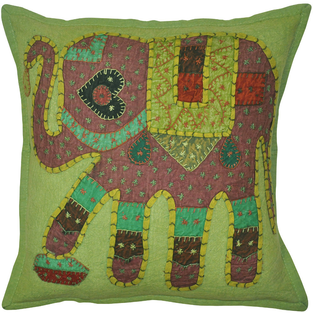 Ethnic Cotton Cushion Covers Patchwork Elephant Green Bedding Pillowcase Set 16 Inch