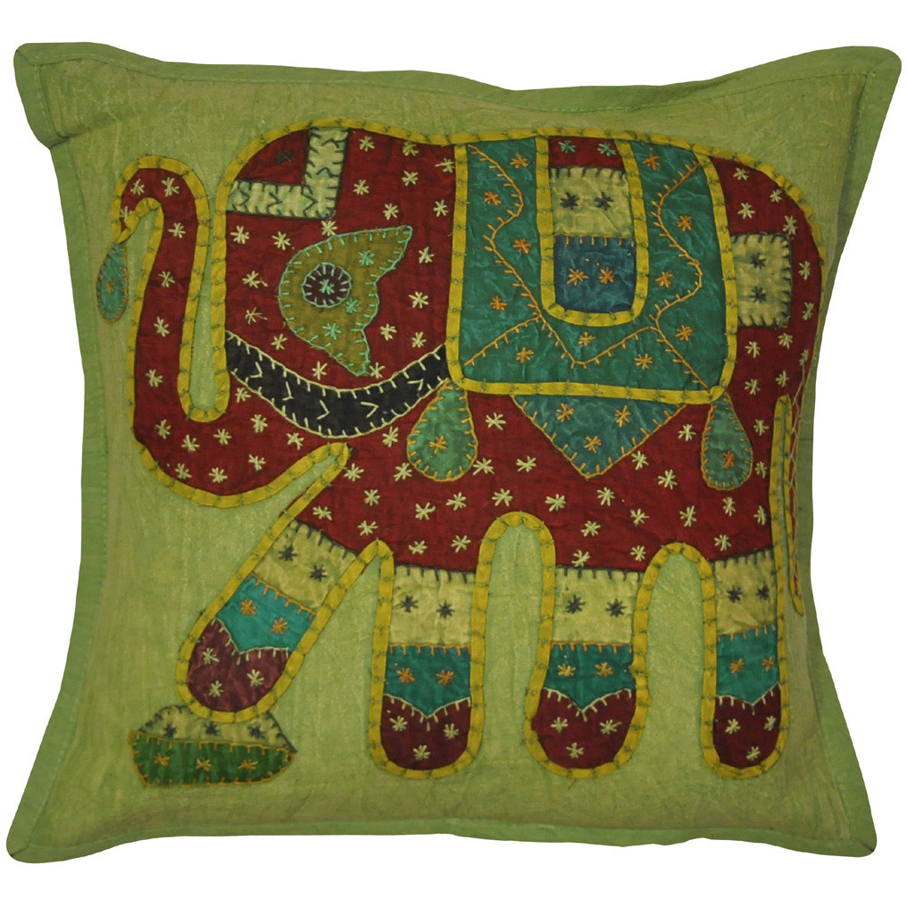 Indian Elephant Cushion Covers Pair Patchwork Cotton Green Pillowcases Throw 16 Inch