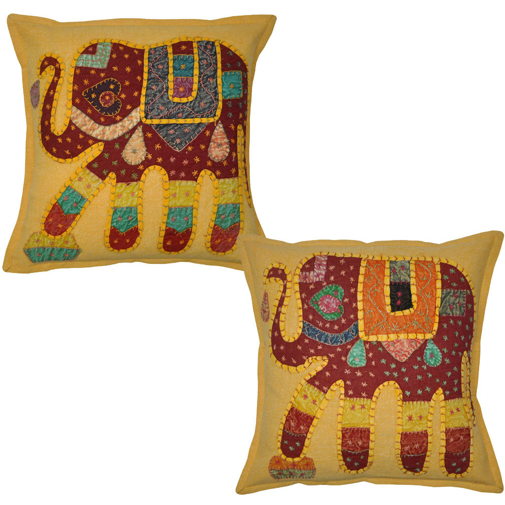 Ethnic Cotton Cushion Covers Elephant Patchwork Yellow Bedding Pillow Cases 40 Cm