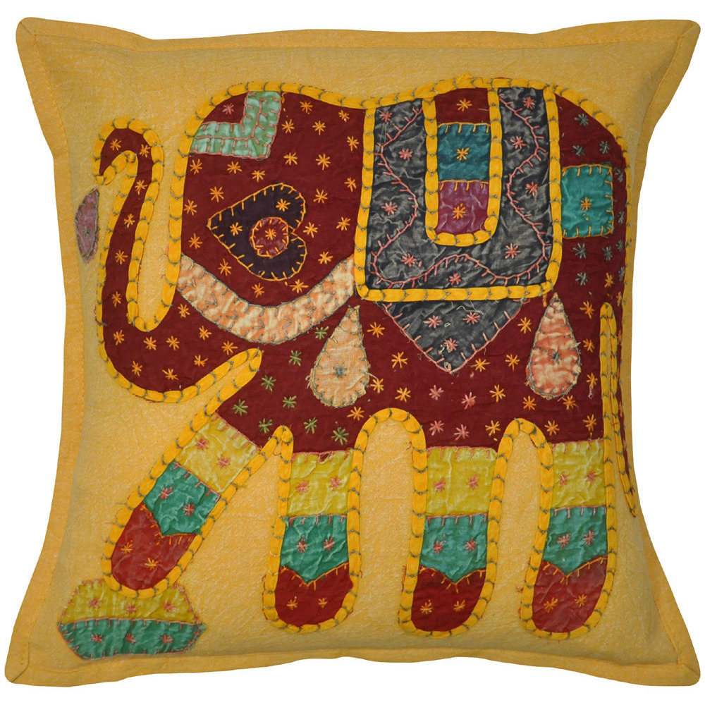 Ethnic Cotton Cushion Covers Elephant Patchwork Yellow Bedding Pillow Cases 40 Cm