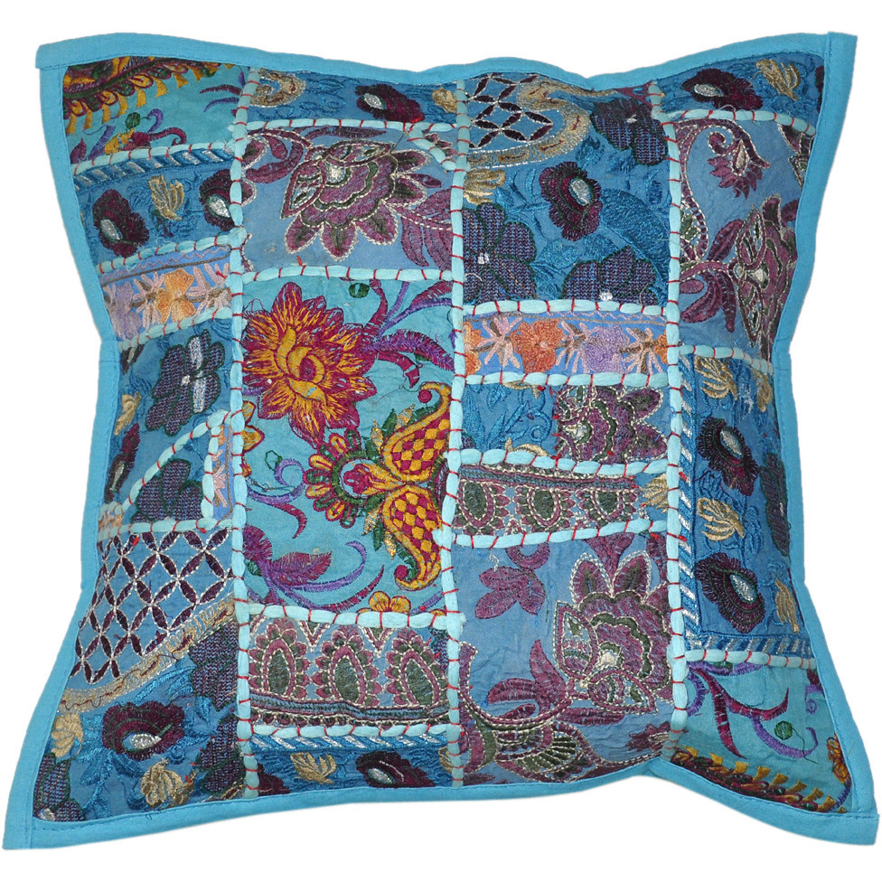 Indian Embroidered Patchwork Living Room Cushion Cover Pair 40 X 40 Cm