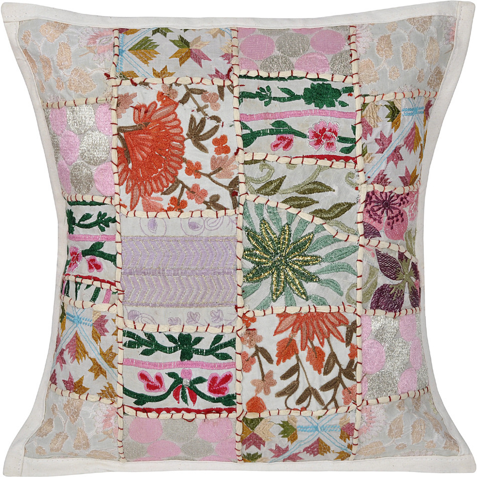 Embroidered Patchwork Cushion Covers Indian Handmade Cotton Pillow Cases Pair